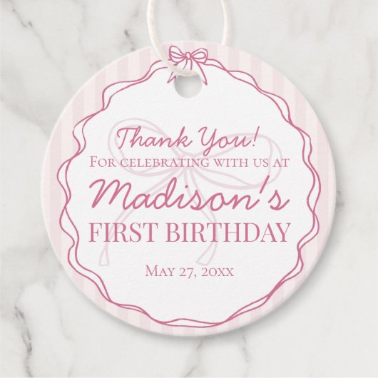 Étiquettes Cadeau Coquette rose Bow Pastel rayé Anniversaire (Devant)