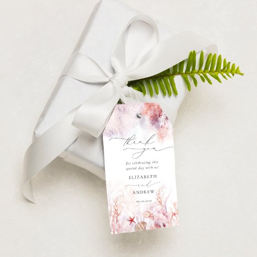 Étiquettes-cadeau Coquillages Chics Corail Mariage sous-marin Merci