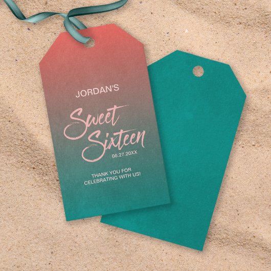 Étiquettes-cadeau Corail et Turquoise Gradient Sweet 16 Merci d'anni