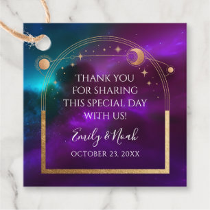 Étiquettes Cadeau Cosmic Purple Turquoise or Sun Moon Mariage d'astr