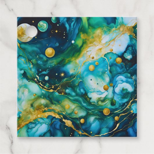 Étiquettes Cadeau Cosmos d'encre d'alcool bleu vert or (Devant)