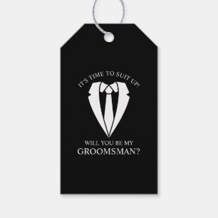Étiquettes-cadeau Costume Mariage noir et Cravate Groomsman Proposit