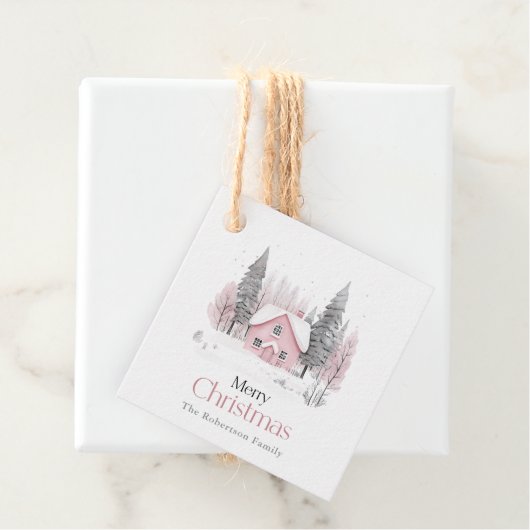 Étiquettes Cadeau Cottage d'hiver rose Noël (En situation)