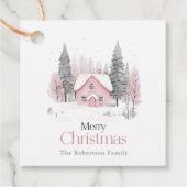Étiquettes Cadeau Cottage d'hiver rose Noël (Devant)