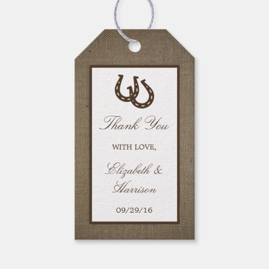 Étiquettes-cadeau Country Rustic Horseshoe Sur Burlap Mariage (Devant)