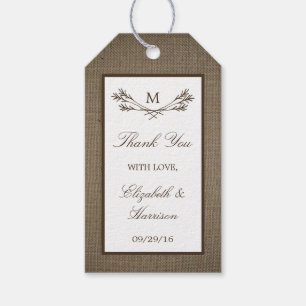 Étiquettes-cadeau Country Rustic Monogramme Branche & Mariage Burlap