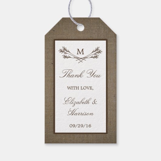 Étiquettes-cadeau Country Rustic Monogramme Branche & Mariage Burlap (Devant)