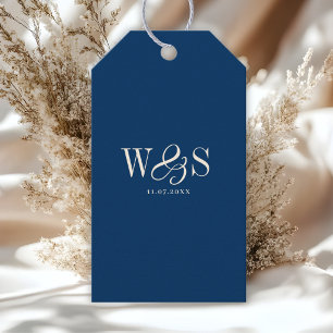 Étiquettes-cadeau Couples de mariage initial bleu marine élégant