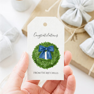 Étiquettes-cadeau Couronne de buis verte avec nœud bleu