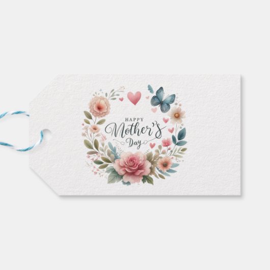 Étiquettes-cadeau Couronne de fleurs avec un papillon, Joyeuse fête  (Dos Horizontal)