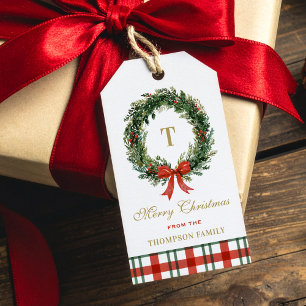 Étiquettes-cadeau Couronne de Noël à monogramme doré, carreaux rouge