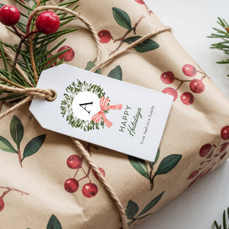 Étiquettes-cadeau Couronne de Noël Joyeux Noël Gui Monogramme Ruban