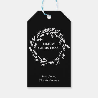 Étiquettes-cadeau Couronne de Noël noire et blanche Personnalisée