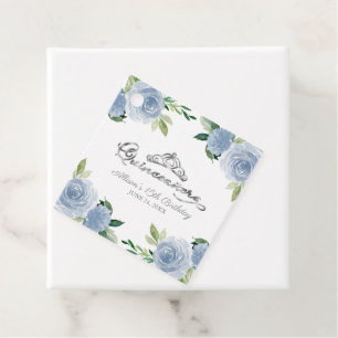 Étiquettes Cadeau Couronne de Quinceanera Argent Fleurs Bleu Clair 