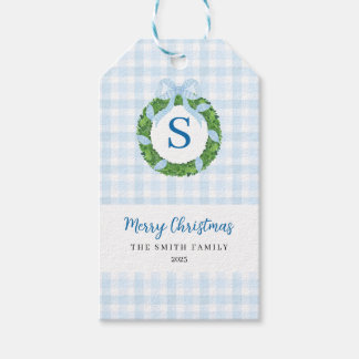 Étiquettes-cadeau Couronne de ruban bleu Gingham Noël