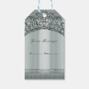 Étiquettes-cadeau Couronne de Tiara Argentée & Faveur de Fête Bling 