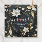 Étiquettes Cadeau Couronne florale de mariage élégante noire blanche (Dos)