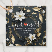 Étiquettes Cadeau Couronne florale de mariage élégante noire blanche (Devant)