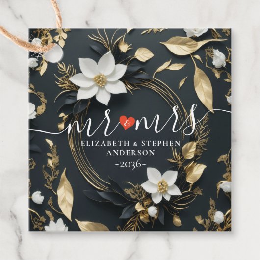 Étiquettes Cadeau Couronne florale de mariage élégante noire blanche (Devant)