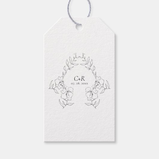 Étiquettes-cadeau Couronne florale élégante moderne noir/blanc (Devant)