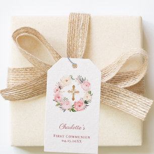 Étiquettes-cadeau Couronne florale rose croix Première Communion DIY