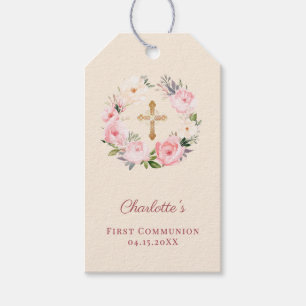 Étiquettes-cadeau Couronne florale rose ivoire croix Première Commun