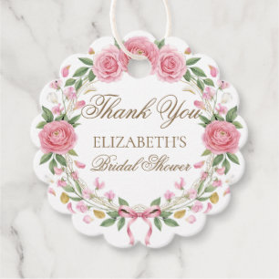 Étiquettes Cadeau Couronne florale rose pâle délicate Script Merci