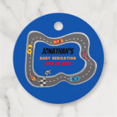 Étiquettes Cadeau Course Voitures Racetrack Baby Boy Dedication (Devant)