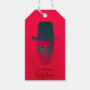 Étiquettes-cadeau Crâne avec chapeau rouge vert Halloween Noël