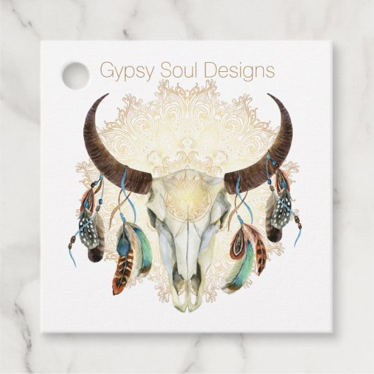 Étiquettes Cadeau Crâne Boho avec plumes (Devant)