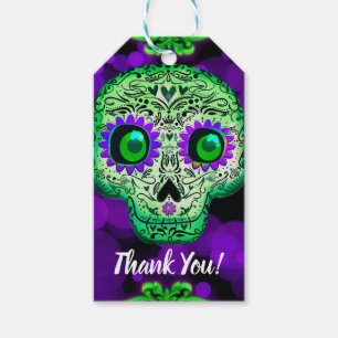 Étiquettes-cadeau Crâne de sucre vert et violet éclairé pour la fête