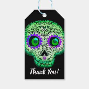 Étiquettes-cadeau Crâne de sucre vert et violet Fête d'Halloween noi