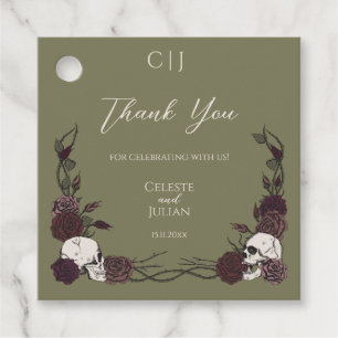 Étiquettes Cadeau Crâne et Rose de Mariage Merci Olive Vert Gothique