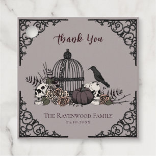 Étiquettes Cadeau Crâne gothique gris éffrayant et Merci Rose