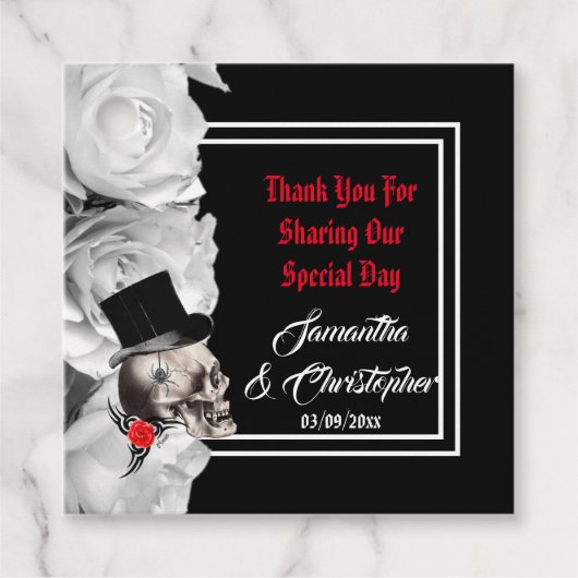 Étiquettes Cadeau Crâne gothique noir merci mariage (Devant)