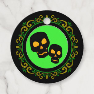 Étiquettes Cadeau Crânes noirs verts jaunes Halloween