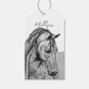 Étiquettes-cadeau Crayon graphique de l'art du cheval dessin noir et