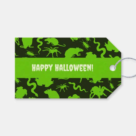 Étiquettes-cadeau Creepy Crawlies Happy Halloween! Green Pattern (Devant (Horizontal))