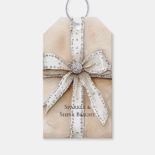Étiquettes-cadeau Crème blanc Argent brillant Bow
