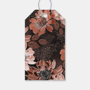 Étiquettes-cadeau Crème, fleurs teracote sur fond brun foncé
