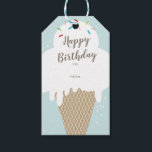 Étiquettes-cadeau Crème glacée Cone Script Joyeux Anniversaire<br><div class="desc">Une étiquette-cadeau anniversaire de enfant fantaisiste amusante avec un cône de crème glacée et des arcs-en-ciel dessinés à la main.</div>