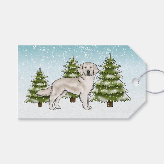 Étiquettes-cadeau Crème Golden Retriever Chien Blue Snowy Noël (Devant (Horizontal))