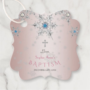 Étiquettes Cadeau Cristaux de flocons d'argent Blue Pearl rose Baptê