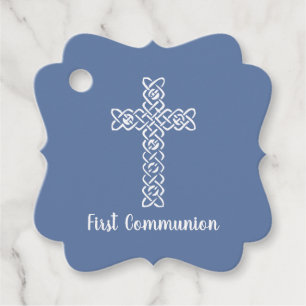Étiquettes Cadeau Croix Baptême de communion gris bleu