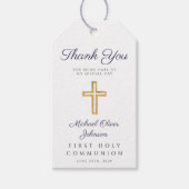 Étiquettes-cadeau Croix Bleue Religieux Stripes Garçon Première Comm (Devant)