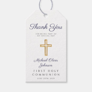 Étiquettes-cadeau Croix Bleue Religieux Stripes Garçon Première Comm