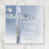 Étiquettes Cadeau croix d'agate bleu poussiéreux Première communion (Devant)