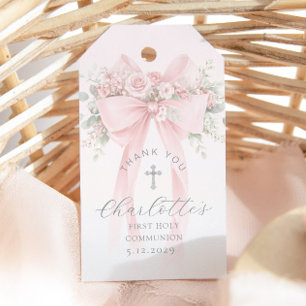 Étiquettes-cadeau Croix de première communion rose Merci