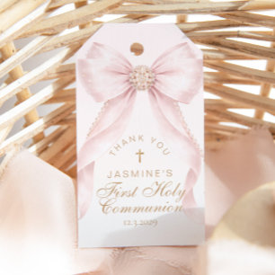 Étiquettes-cadeau Croix de première communion ruban rose Merci