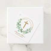 Étiquettes Cadeau Croix d'or communion eucalyptus (En situation)